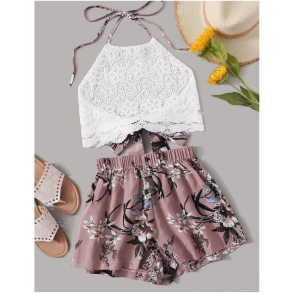 Boho Floral Print lace Halter Crop Top Shorts Set - Picture 2 of 2